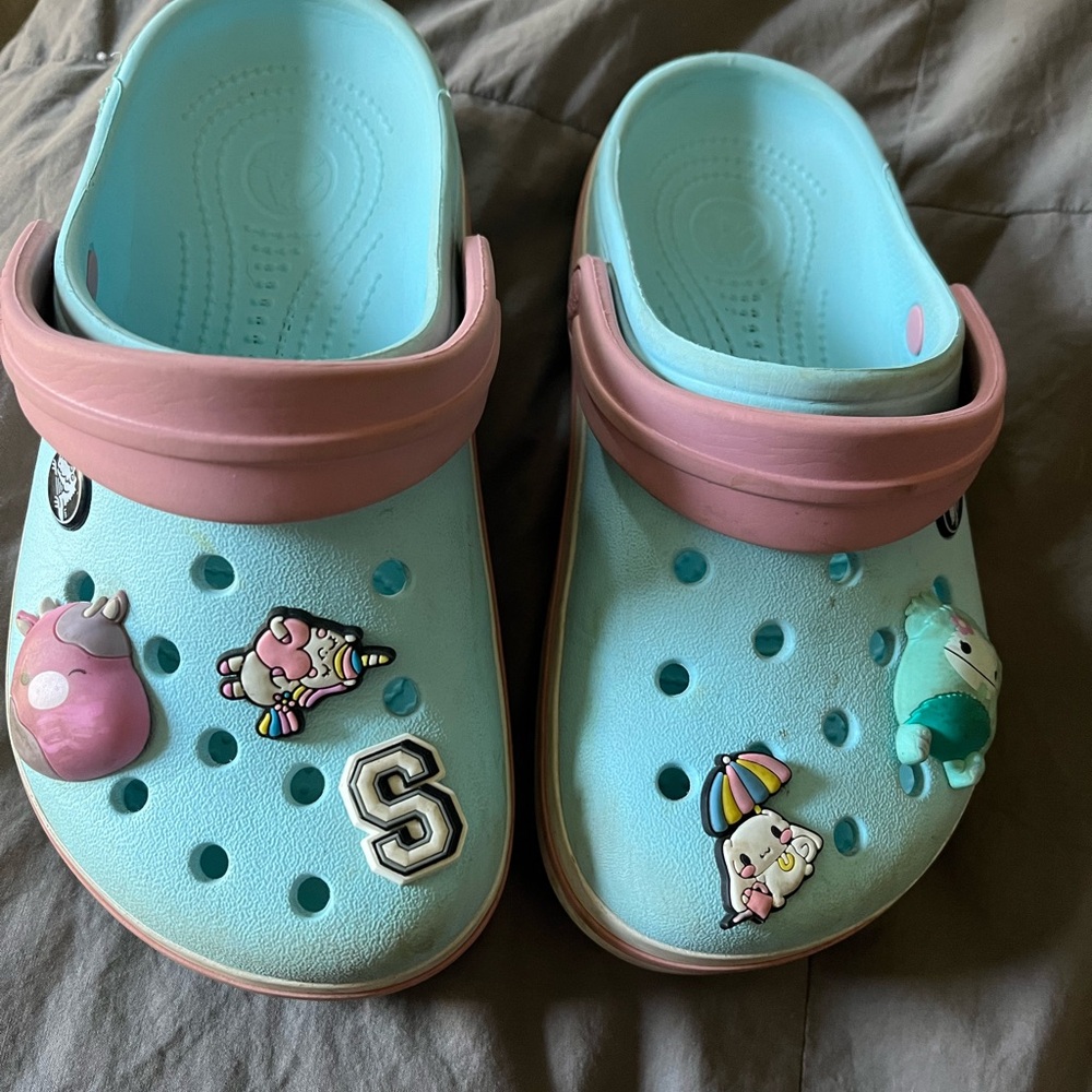 CROCS Kids Light Blue and Pink Clogs with Fun Charms